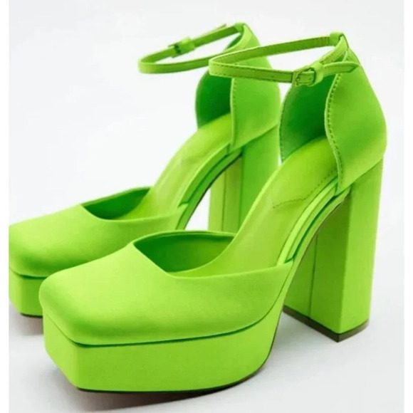 Zara NWT Acid Green Satin Chunky Heel Platform Heels  37 - Picture 1 of 9